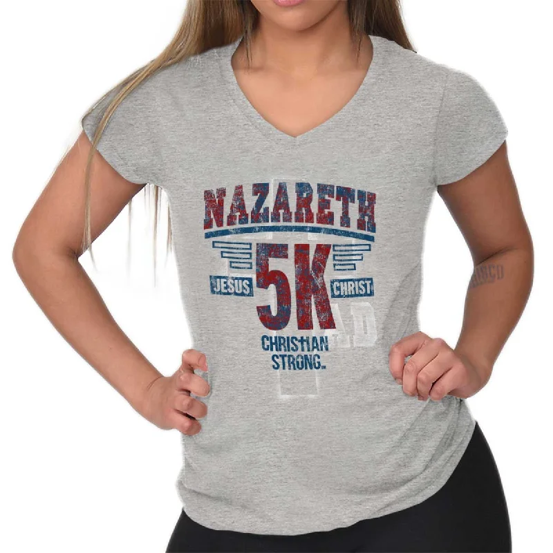 Nazareth 5k Christian Junior Fit V-Neck T-Shirt Satin Fabric Silk Fabric Chiffon Fabric