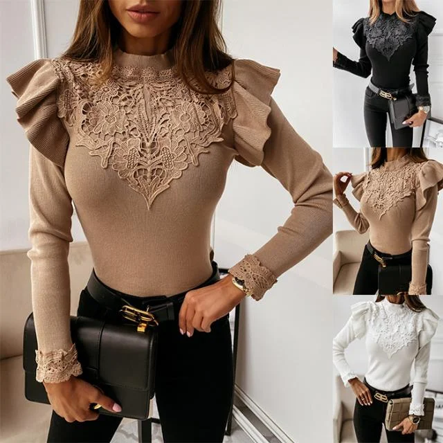 New Lace Long-Sleeved Solid Color Bottoming Shirt Beaded Sequined Faux Fur