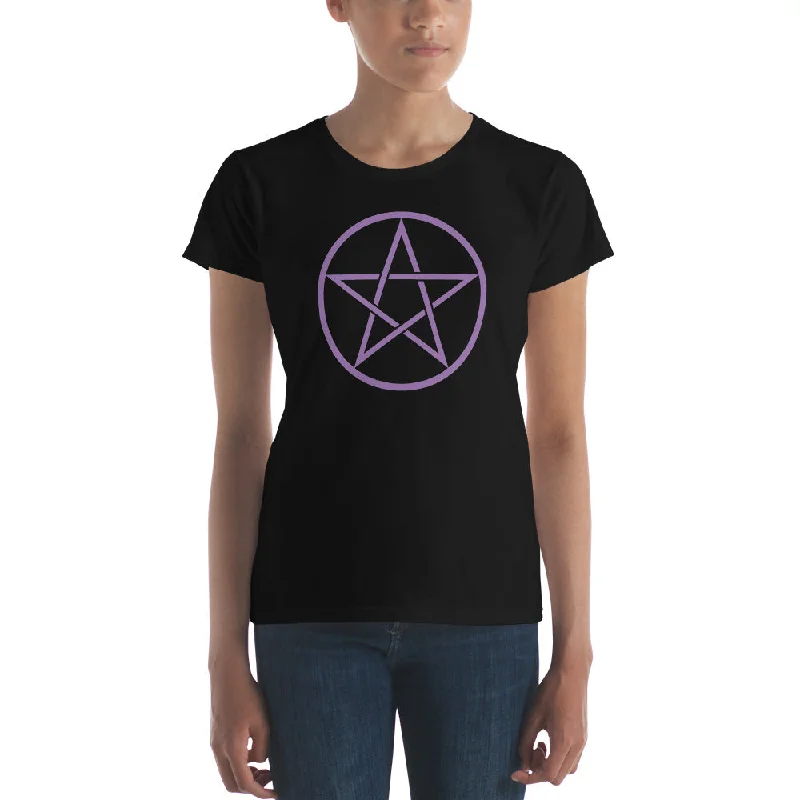 Purple Goth Wiccan Woven Pentagram Women's Short Sleeve Babydoll T-shirt Rayon Velvet Corduroy