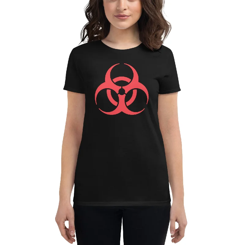 Red Biohazard Sign Toxic Chemical Symbol Women's Short Sleeve Babydoll T-shirt Welt Pockets Slit Pockets Flap Pockets