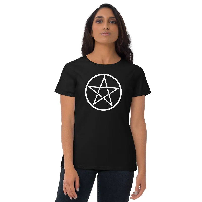 White Goth Wiccan Woven Pentagram Women's Short Sleeve Babydoll T-shirt Satin Fabric Silk Fabric Chiffon Fabric