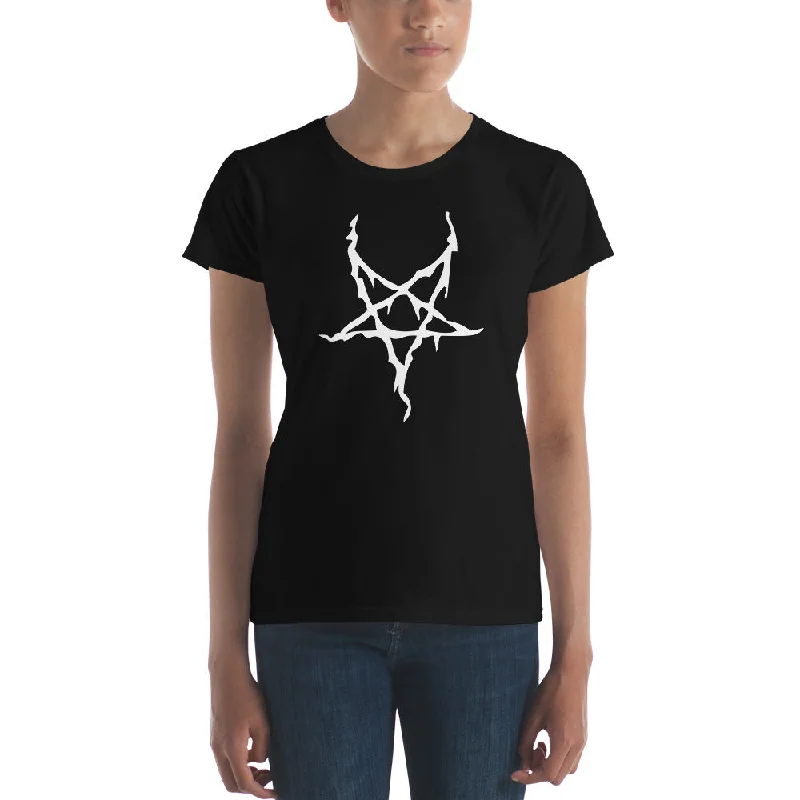 White Melting Inverted Pentagram Black Metal Women's Short Sleeve Babydoll T-shirt Chenille Blend Fleece Blend Nylon Blend