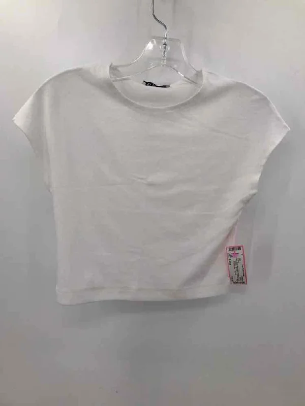 Pre-Owned Zara White Size Large Cropped T-shirt Denim Fabric Leather Fabric Suede Fabric